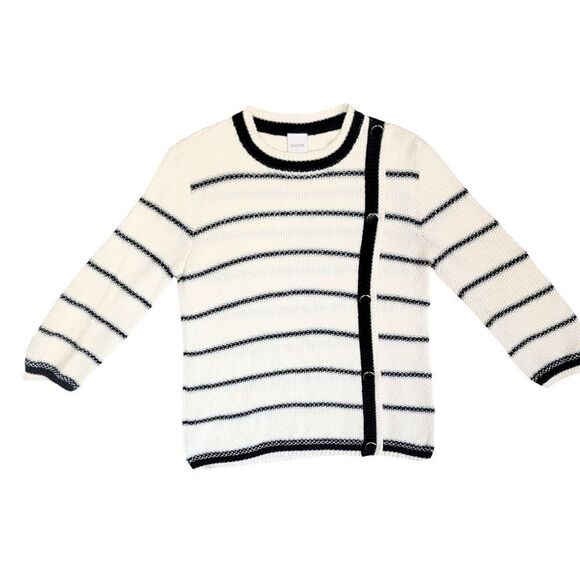 MADELEINE THOMPSON Sweaters - MADELEINE THOMPSON Navy/White/Metallic Stripe Button Sweater Womens M Luxury